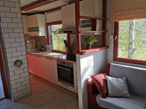 a kitchen with a stove top oven next to a couch at KOZJANSKA KOČA in Podčetrtek