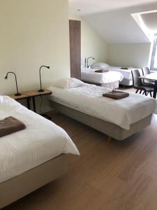 Habitación con 3 camas y baño con lavabo. en Logies Dampoort, en Gante