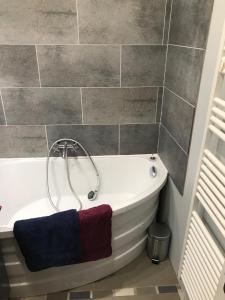 eine Badewanne im Bad mit einer Kachelwand in der Unterkunft Bel Appartement lumineux avec extérieur in Rosières-aux-Salines