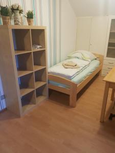 a bedroom with a bunk bed and a book shelf at Wohnung Bornstraße in Freigericht