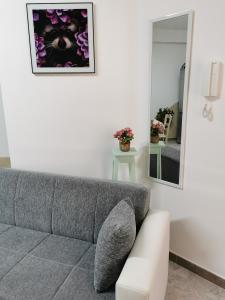 ein Wohnzimmer mit einem grauen Sofa und einem Spiegel in der Unterkunft House Umberto I in Viagrande