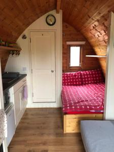 ein Zimmer mit einer roten Couch in einem winzigen Haus in der Unterkunft The Rainbow POD in Miltown Malbay