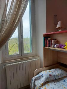 sypialnia z oknem, łóżkiem i półką na książki w obiekcie Da Nonna Irma Massa Marittima w mieście Massa Marittima
