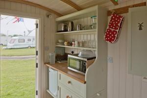 una cocina en una casa pequeña con microondas en Mill Farm Shepherds Hut en Great Driffield