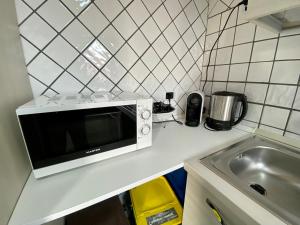 Kuchnia z kuchenką mikrofalową na blacie obok zlewu w obiekcie Ganimede Apartament w mieście Sperlonga +37 zdjęć