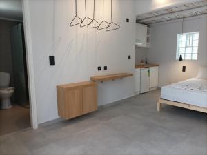 a large room with a bed and a kitchen at Galini Studios & Apartments-Adults only in Sougia