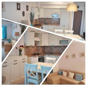 een collage van een keuken met witte kasten en blauwe stoelen bij Eqinox apartments in Mamaia Nord – Năvodari