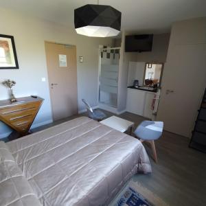 a bedroom with a large bed and a desk and chair at Domaine de Bertheauville in Paluel