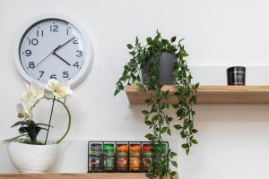 a clock on a wall next to a shelf with plants at Blue Wave Apartment by Renters in Ustronie Morskie