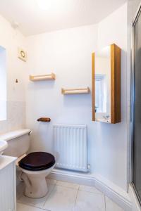 La salle de bains est pourvue de toilettes et d'un miroir. dans l'établissement Large Contractor and Family House & Free Parking & Big Garden, à Hull