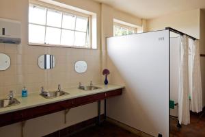 グレート・ドリフフィールドにあるMill Farm Shepherds Hutの共用バスルーム(洗面台2台、窓付) +16枚の写真