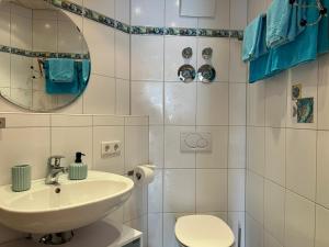 W łazience znajduje się umywalka, toaleta i lustro. w obiekcie Ferienapartment Alex am See w mieście Friedrichshafen