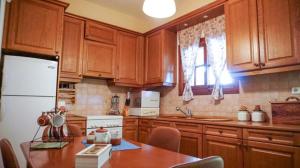 a kitchen with wooden cabinets and a white refrigerator at VILLA DREAM in Skiathos Town