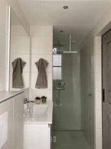 a white bathroom with a sink and a shower at Logeren bij Grea in Zwartsluis