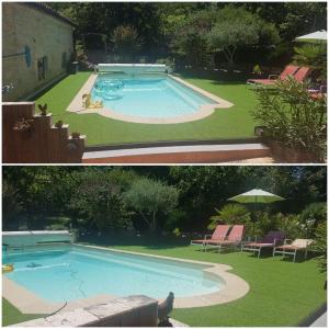 zwei Bilder eines Schwimmbads im Hof in der Unterkunft Gîte Malabeille in Madaillan