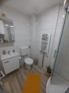 ein weißes Bad mit einem WC und einem Waschbecken in der Unterkunft GRAND BB Apartman in Bajina Bašta