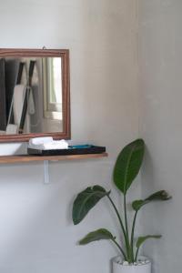 una planta en una olla blanca junto a un espejo en Bali Slow Homestay, en Dongshan