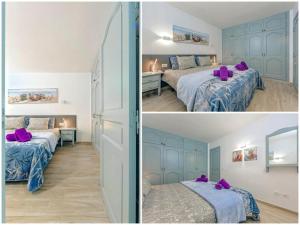 two pictures of a bedroom with two beds and purple pillows at Ocean View Suite with beach private access in Puerto de Santiago