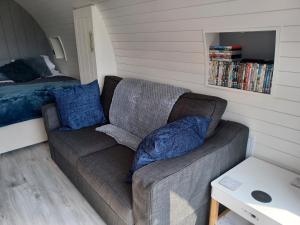 uma sala de estar com um sofá e uma cama em Parcglas - Hazel em St Clears