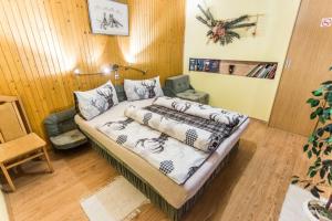 ein Schlafzimmer mit einem Bett mit Kissen darauf in der Unterkunft Apartment Hubert in Banská Štiavnica