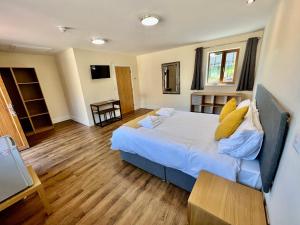a bedroom with a bed, chair, desk and a television at Lillypool Farm in Shipham