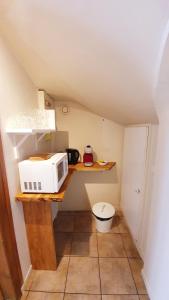 uma pequena cozinha com um micro-ondas no balcão em Le studio avec parking privé em Honfleur