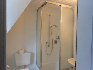 a bathroom with a shower and a toilet at Westfalenhof Garni in Willingen +44 photos