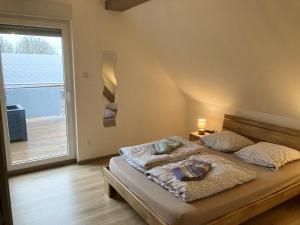a bedroom with a bed and a large window at Appartement spacieux avec terrasse et jardin à Lohr, 120 m². in Lohr +14 photos