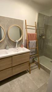 a bathroom with a sink and a shower and a mirror at Villa Pierre et Mer, maison 6 personnes a deux pas des plages in Hyères