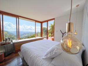a bedroom with a large bed with a large window at Nazca Glamping in Villamaría