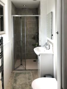 La salle de bains est pourvue d'une douche, de toilettes et d'un lavabo. dans l'établissement Residential 3 bed house Harnham, à Salisbury