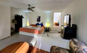 a bedroom with a bed and a tv in it at Maria's Kan Kin in Isla Mujeres