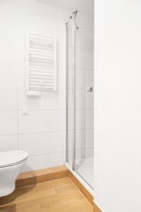 La salle de bains est pourvue d'une douche et de toilettes. dans l'établissement Lumen Studio, à Wrocław