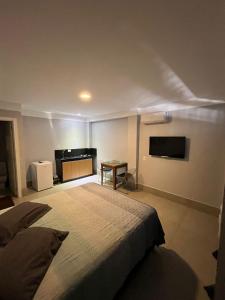 a bedroom with a large bed and a television at Estúdio Central 3 in Cascavel