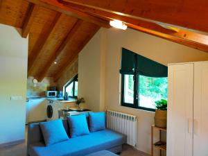 a living room with a blue couch and a kitchen at Apartamentos Turísticos la Estación y estudio in Cangas de Onís +3 photos