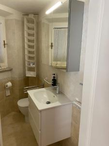 ein Badezimmer mit einem weißen Waschbecken und einem WC in der Unterkunft MONOVAPELO in Marina di Campo