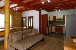 a living room with a couch and a kitchen at Bucsin Kulcsosház in Joseni