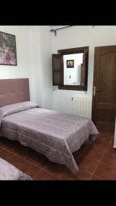 1 dormitorio con cama, espejo y puerta en Casa Rural Moreno en Setenil