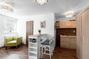 a kitchen with a table and a green chair at Pension Lesná in Jiřetín pod Jedlovou