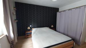 a bedroom with a bed and a black wall at LE JADE in Saint-Nazaire