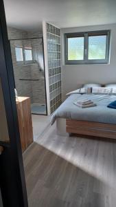 a bedroom with a bed and a walk in shower at Harmony in Publier