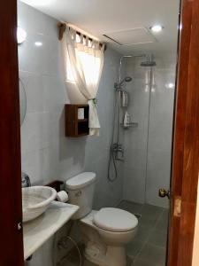 a bathroom with a toilet and a sink and a shower at Wind Rider's Inn in Boracay