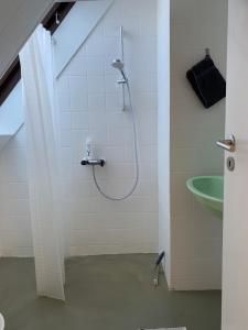 a bathroom with a shower and a sink at Selvbetjent lejlighed i centrum ved åen in Ribe
