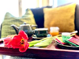 a table with a red flower on top of it at L'atique by Agelandkaai be with Parking in Ghent