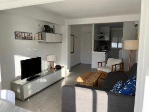 een woonkamer met een bank en een flatscreen-tv bij Apartamento RosarioyEmma - Primera línea de playa con vista mar in Jávea