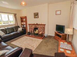 a living room with a couch and a fireplace at Bellafax Cottage in Kirby Misperton
