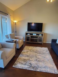 a living room with a tv and a couch and a rug at Treehouse Condos - Branson in Branson