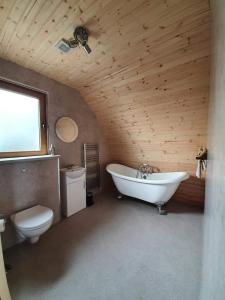 a bathroom with a white tub and a toilet at Tollymore Luxury log cabins in Newry