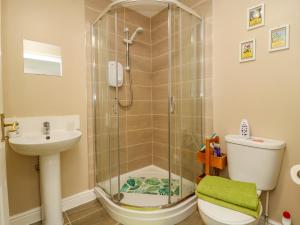un bagno con doccia, WC e lavandino di 1 Pines Farm Cottages a Ulleskelf Altre 19 foto