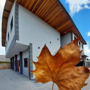 a large maple leaf on the side of a building at Alpes Flats in Campos do Jordão